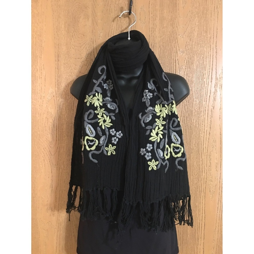 Floral Embroidered Scarf Crinkle‎ Gauze Fringe Wrap Black Grey Yellow
